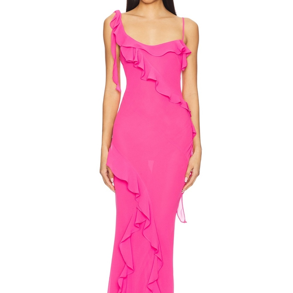 MAJORELLE Hot Pink One-Shoulder Ruffle Gown